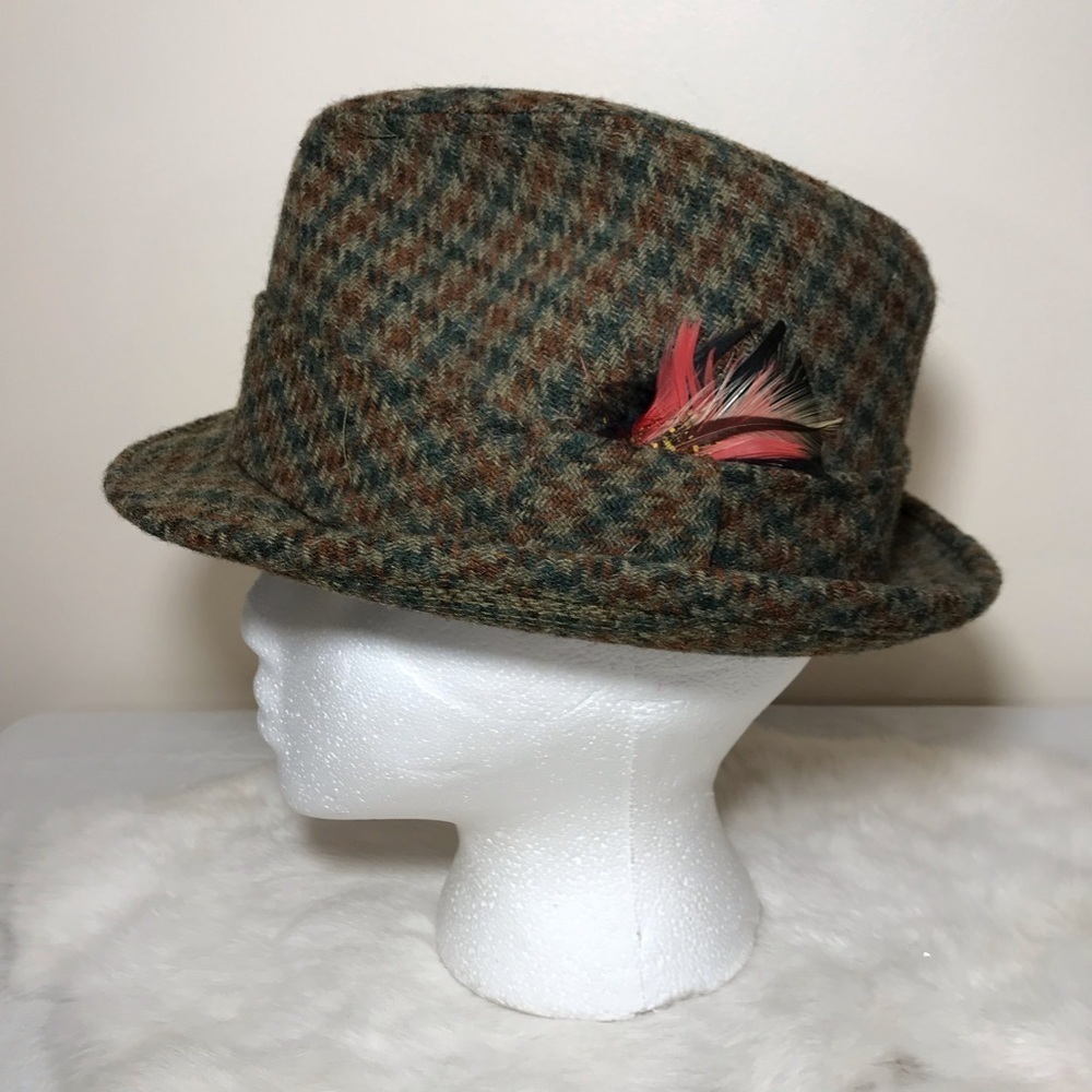 Vintage Houndstooth Wool Fedora w Feather